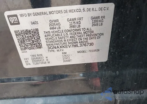2021 Chevrolet Equinox Fwd Lt from USA, damaged, VIN 3GNAXKEV7ML376730